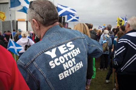 Man wearing 'Yes Scottish, not British' denim jacket