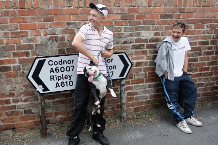 Two British boys with a Staffordshire Bull Terrier