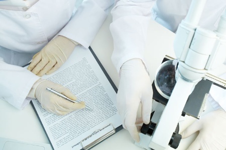 Scientist's hands on desk