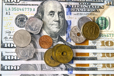 Notes and coins of various currencies