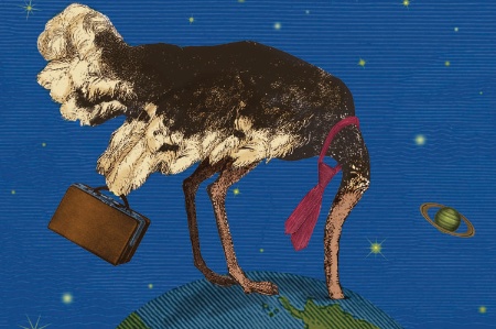 Cartoon of an ostrich with its head buried in the earth