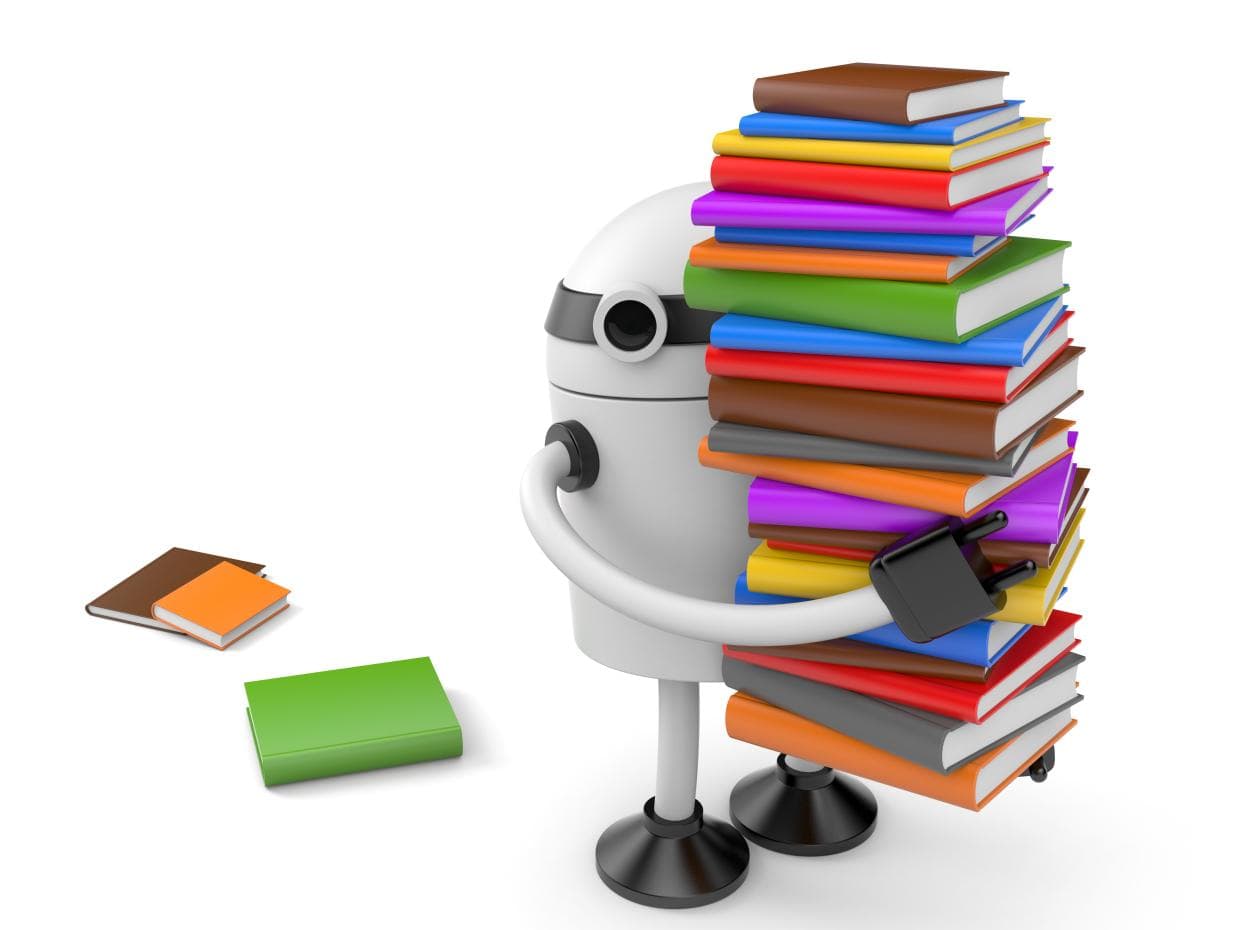 A robot assistant carrying a pile of books
