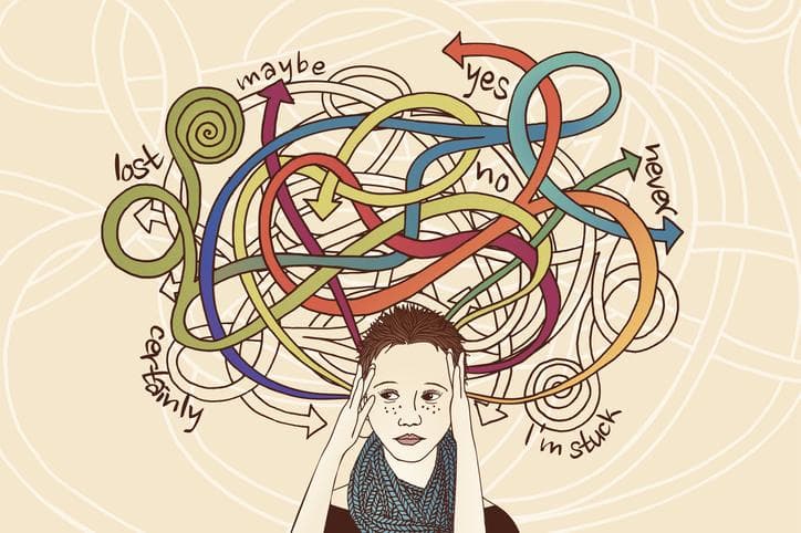 Illustration of young woman with tangled arrows representing decisions above her head