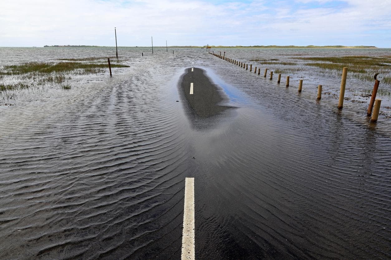 A flooded coastal road