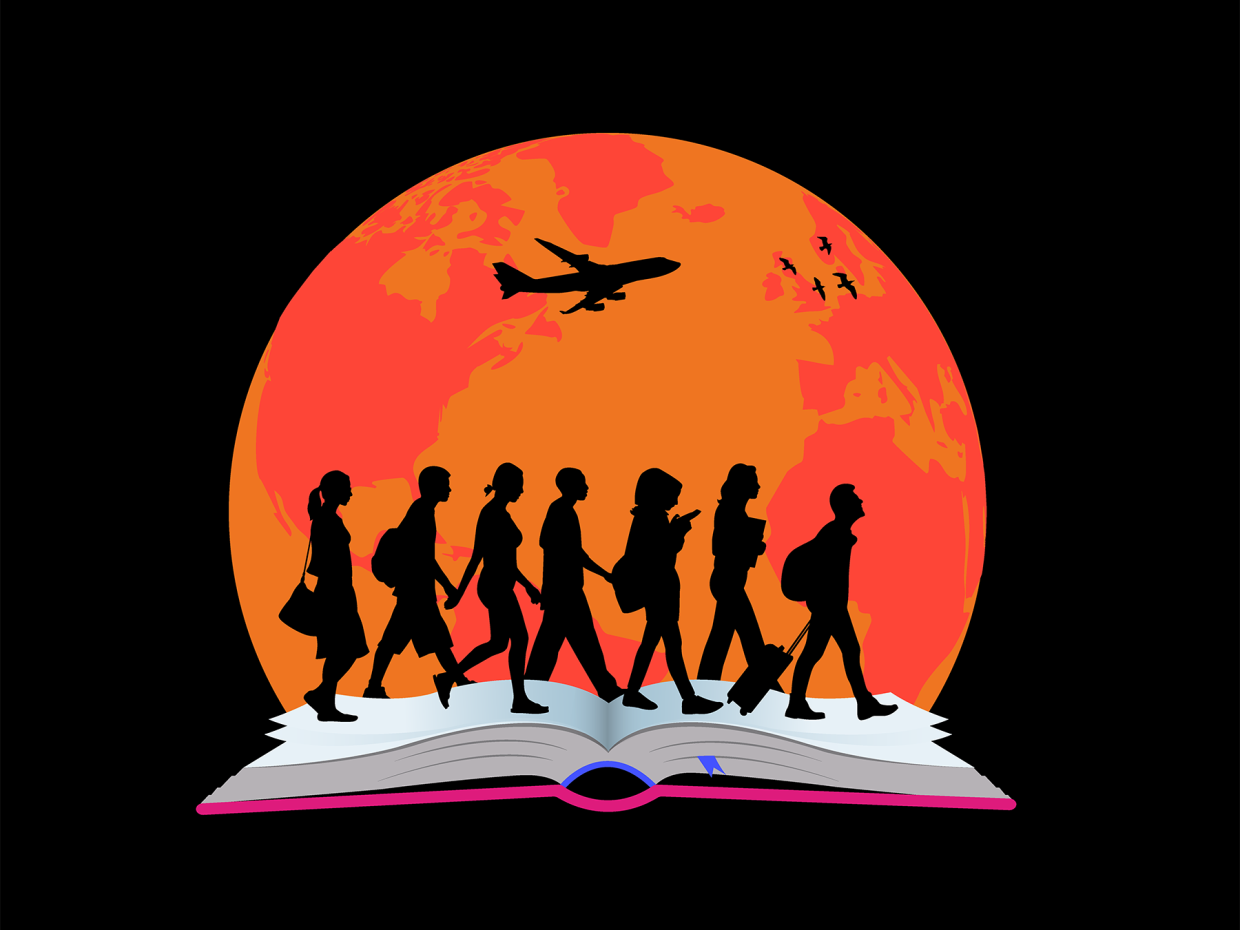 Silhouettes of people walking on top of the pages of an open book against a backdrop of the globe