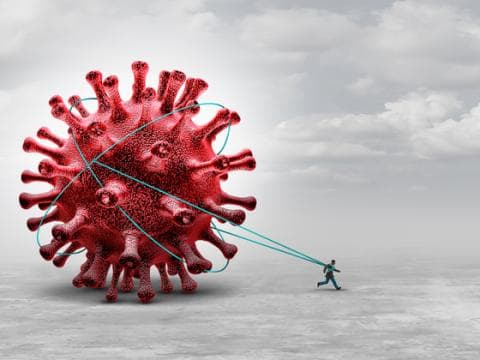 Illustration of person pulling a Covid-19 virus