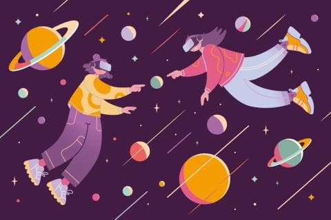 Virtual reality communication concept, cartoon style. Two girls in VR glasses meet, flying in outer space with planets and stars. Vector illustration, hand drawn, flat stock illustration