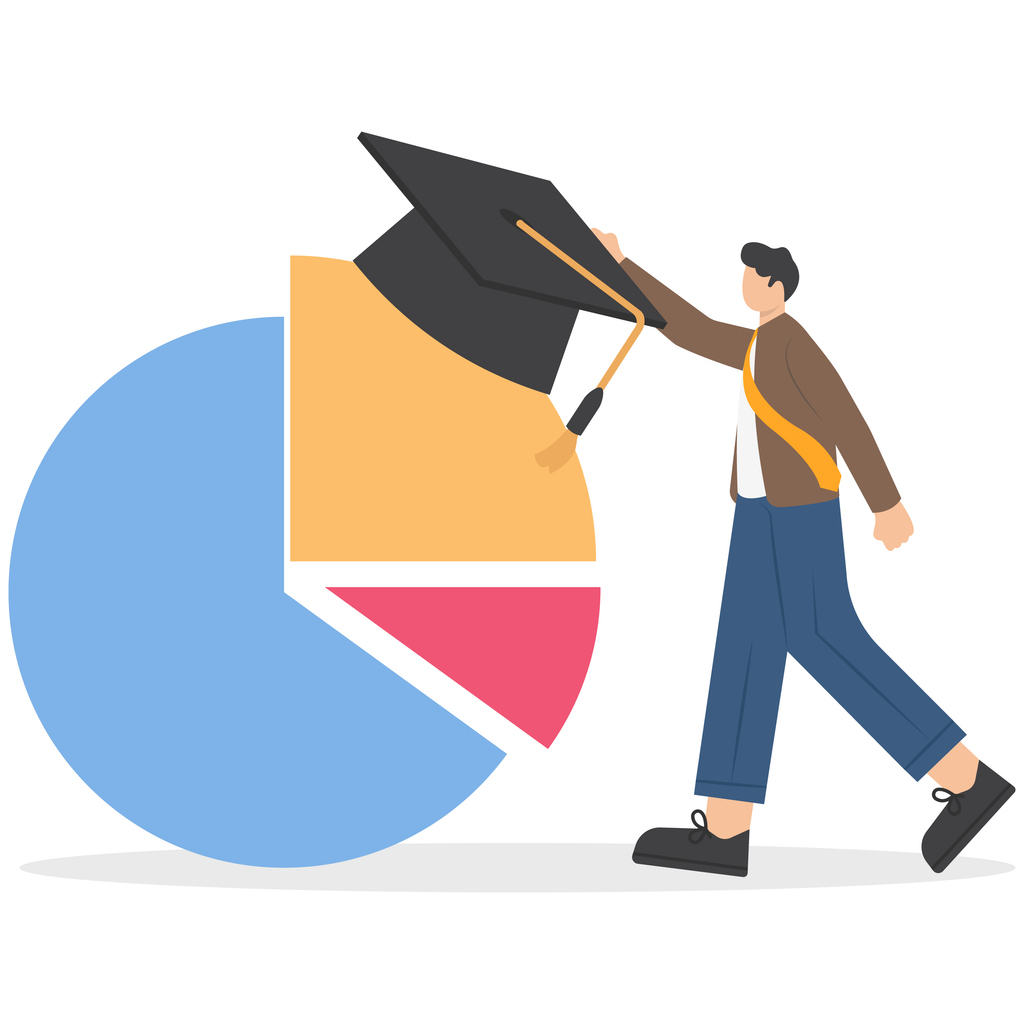 Man placing mortar board on a pie chart