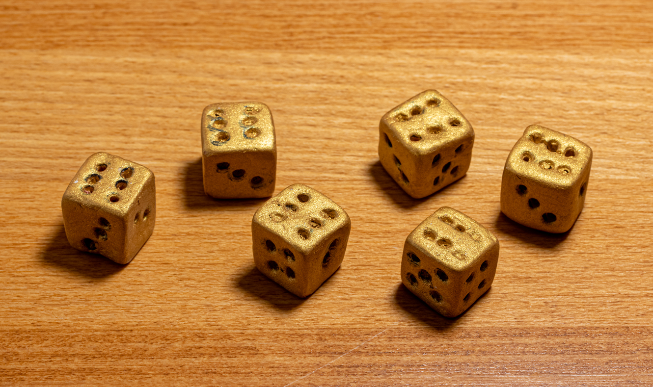 Six dice, all showing the number six