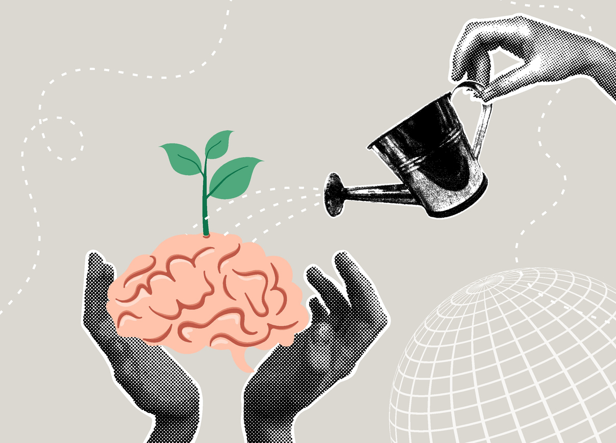 Brain watered with watering can, and sprouting plant