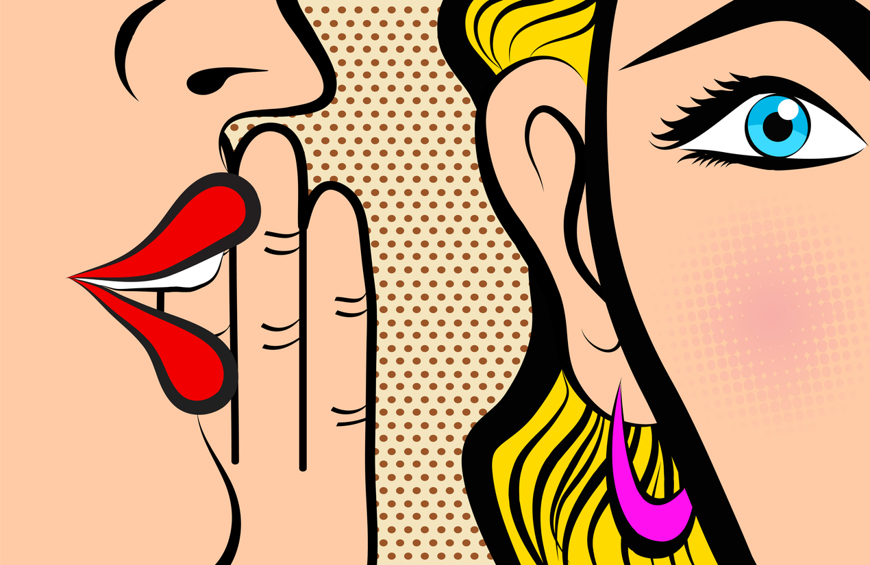 Pop-art illustration of one woman whispering to another