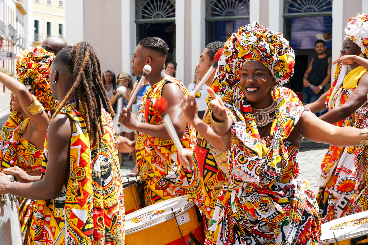 Dancers and drummers at carnival in Brazil