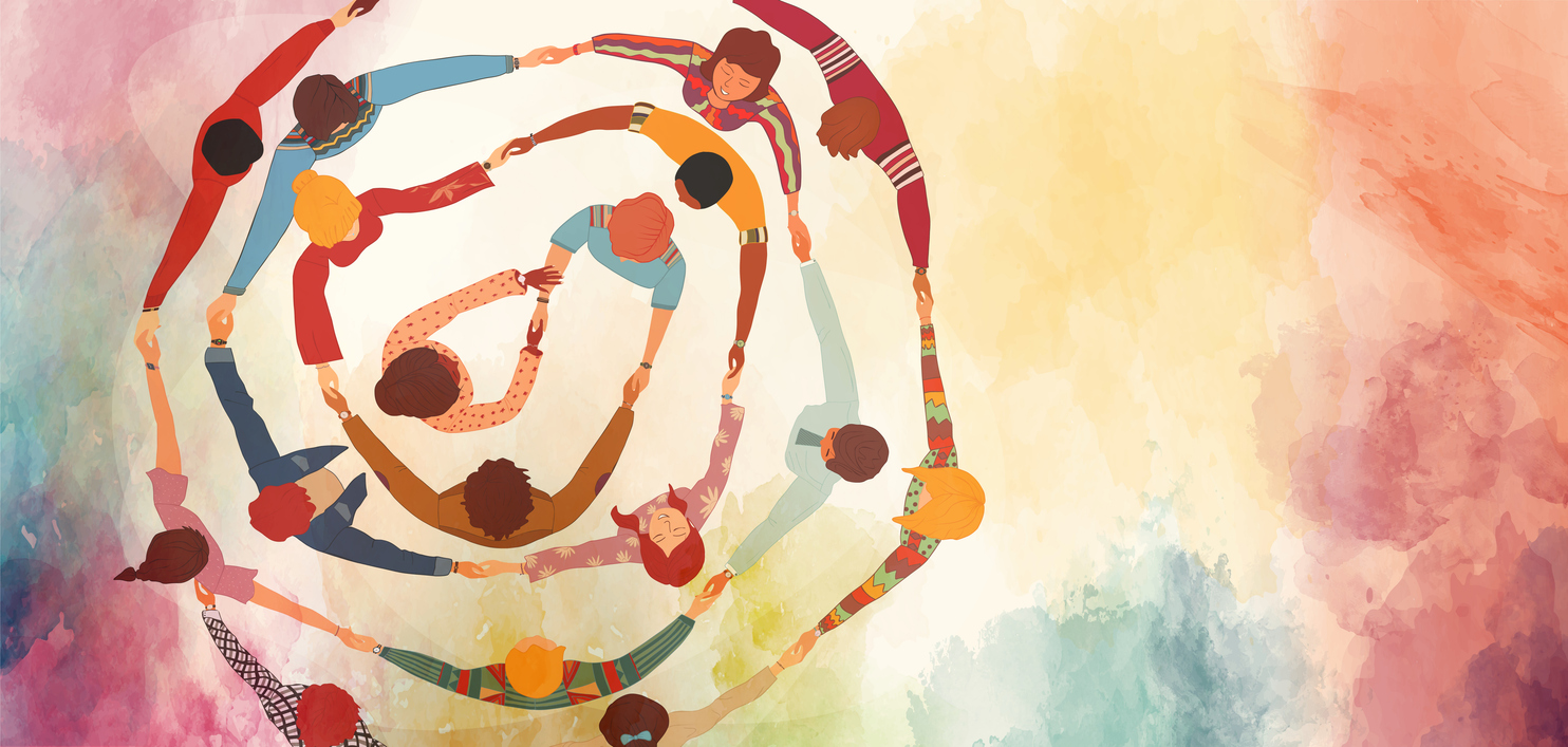 Concentric circles of people holding hands