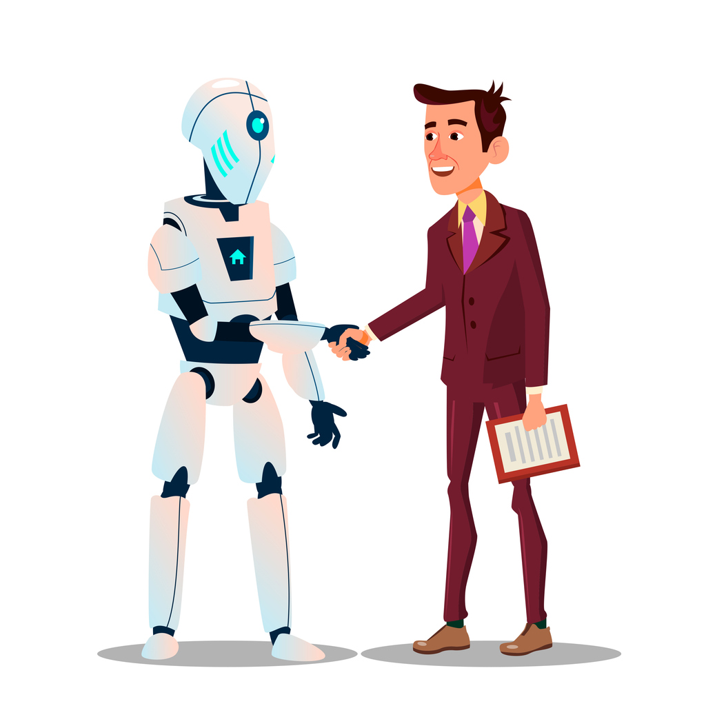 Illustration of robot and human shaking hands and chatting