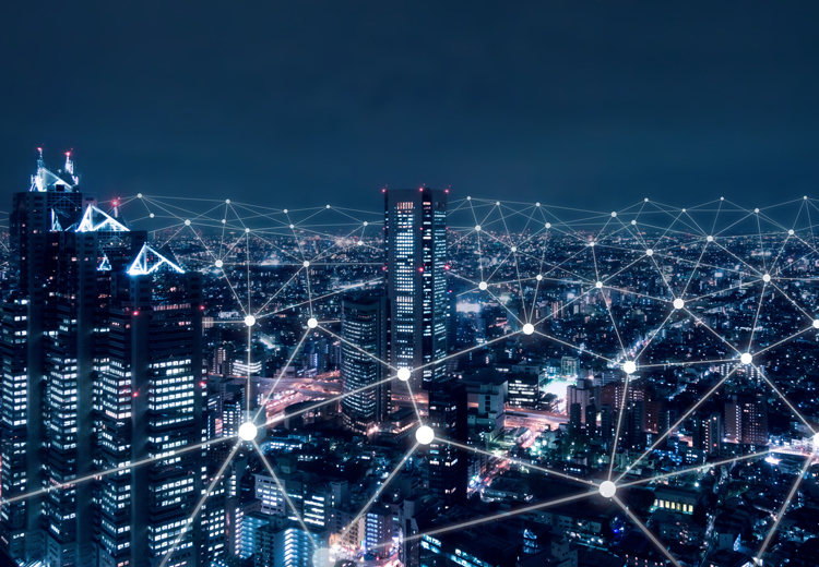 Smart electricity grid animated above cityscape