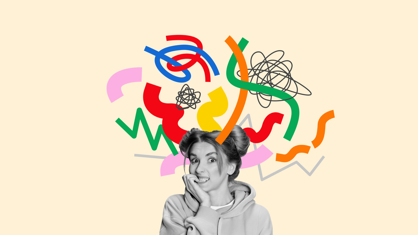 Anxious woman, with coloured swirls around her head