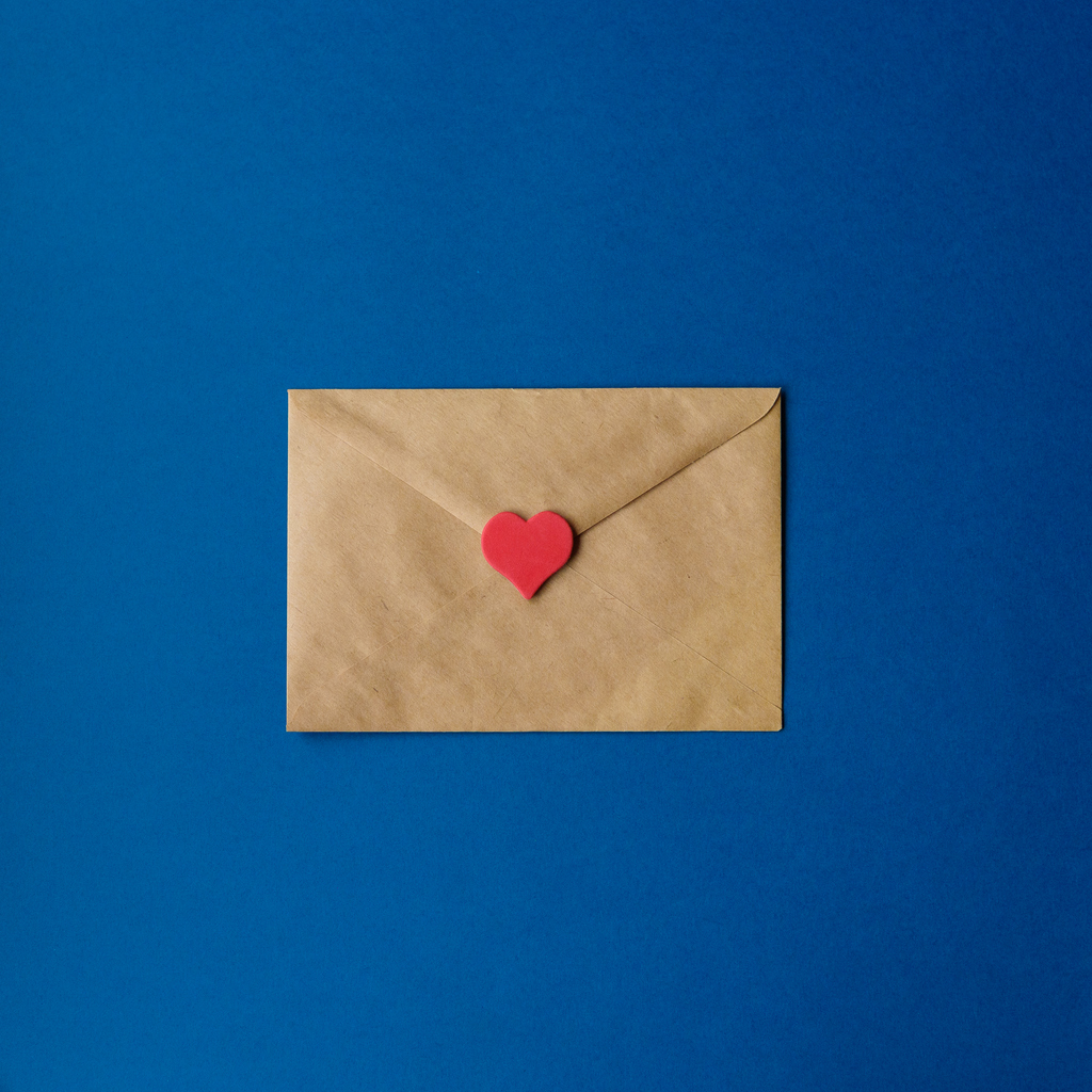 Brown envelope, sealed with a red love heart