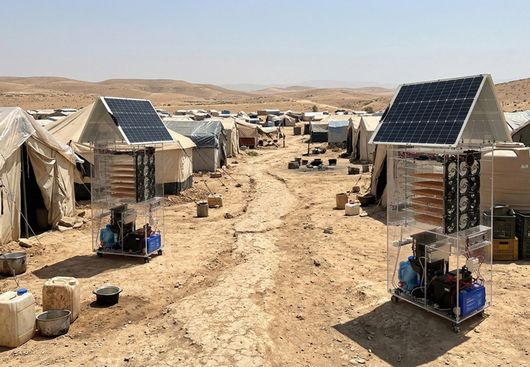 Atmospheric water harvesting units in an arid settlement