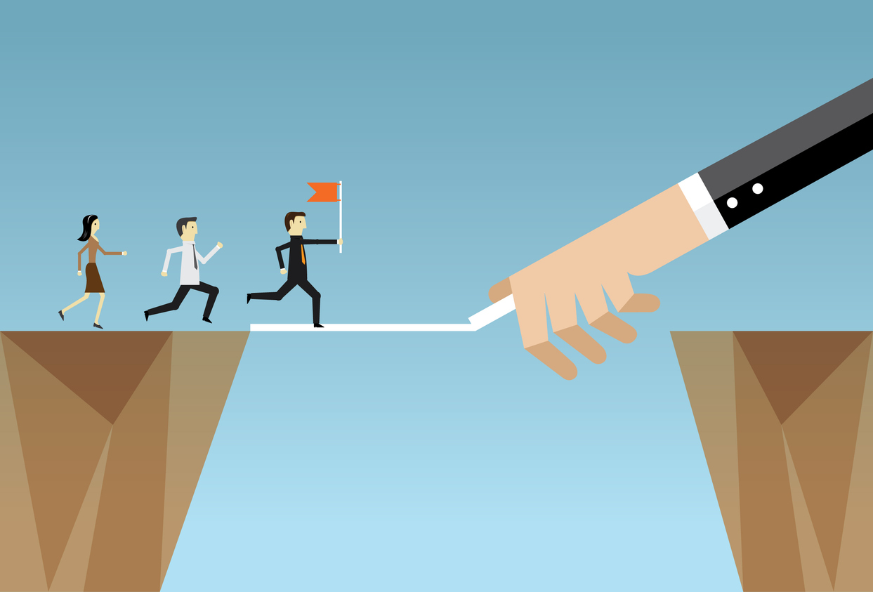 Large hand drawing a line that smaller people are using to cross a chasm