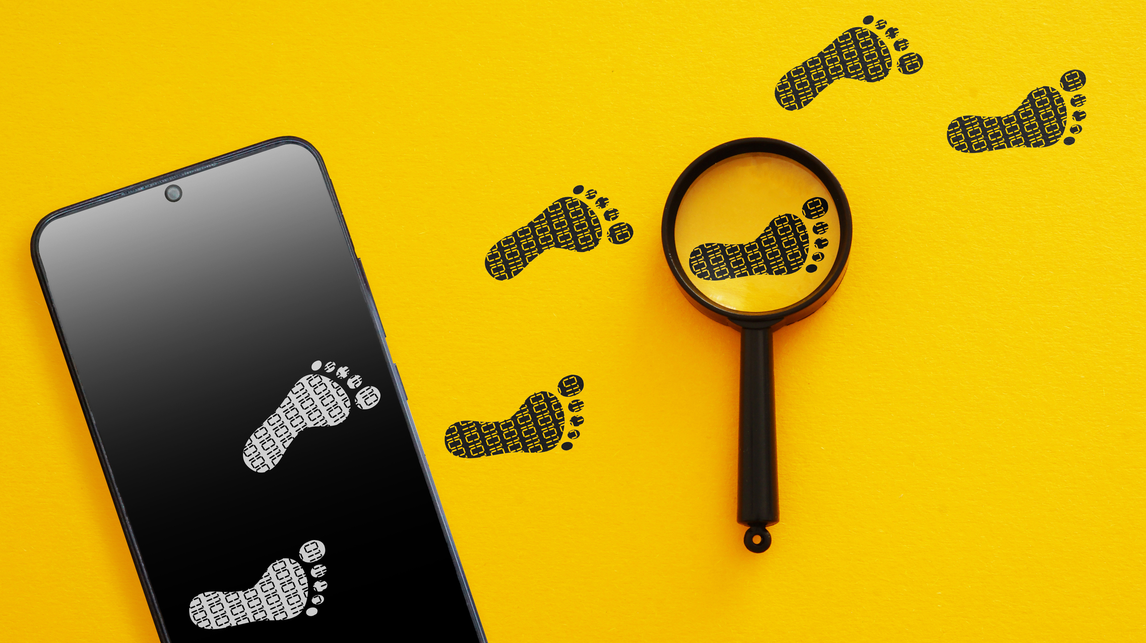 Footprints starting on a phone and then tracking off the page