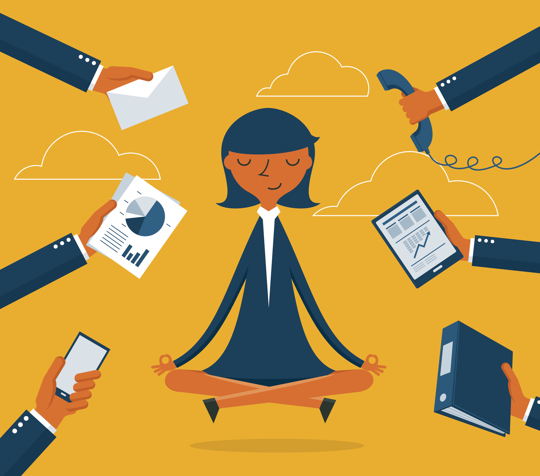 Drawing of woman looking zen, while people make admin demands of her