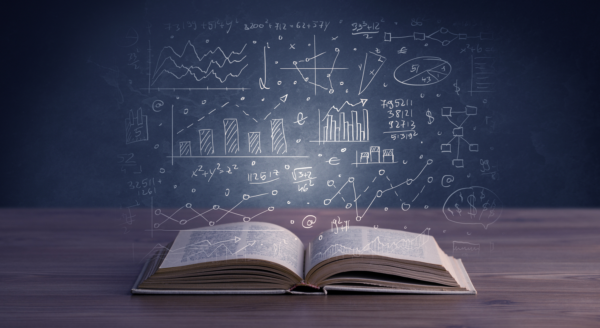 A book with graphs, charts and numbers rising from its pages
