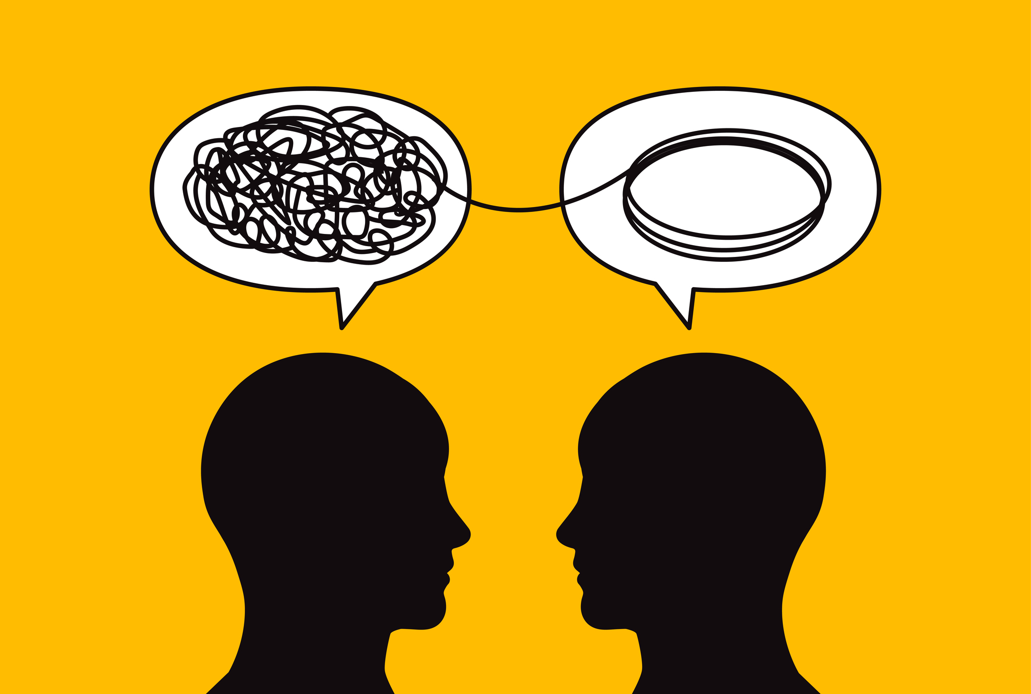 Drawing of one person whose speech bubble is tangled thread, and the other whose speech bubble is a spool of unravelled thread