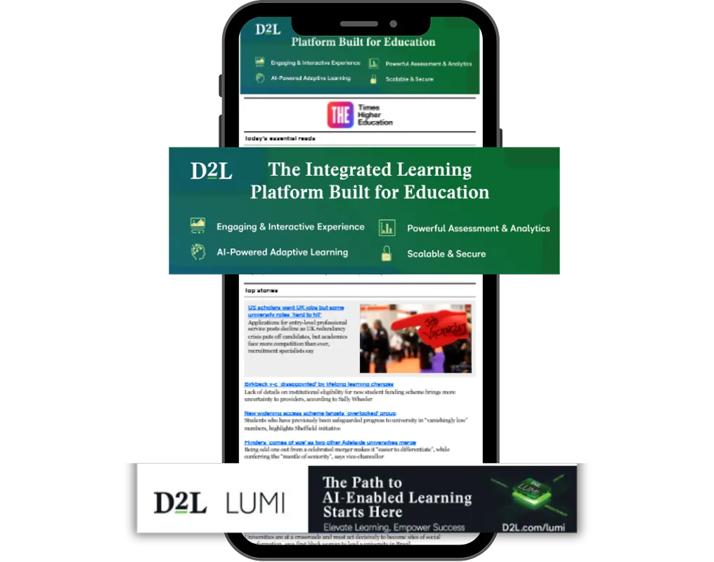 D2L newsletter banner and display placements shown in a Times Higher Education newsletter on a mobile phone