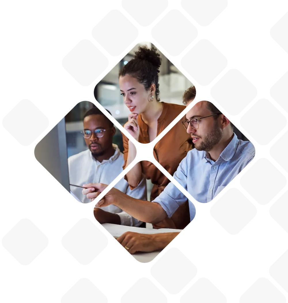 Colleagues reviewing work together at a computer, shown in a diamond-shaped collage