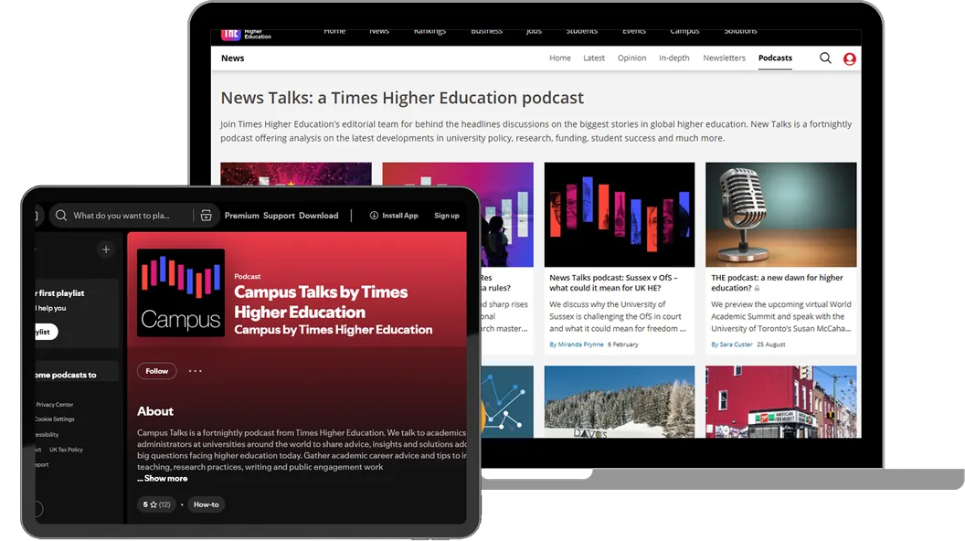 Times Higher Education News Talks podcast hub on a laptop and Campus Talks podcast on a tablet