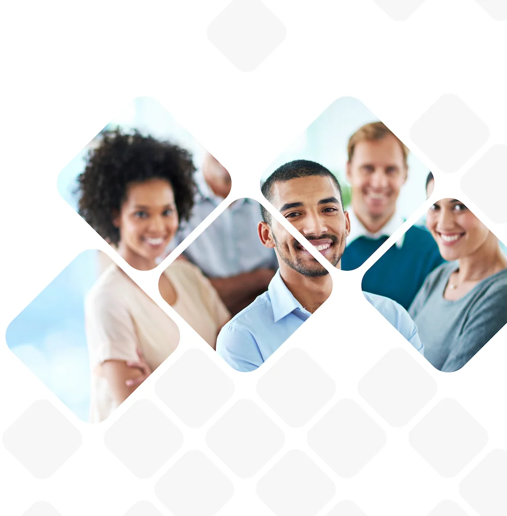 Smiling university colleagues pictured in a diamond-shaped mosaic