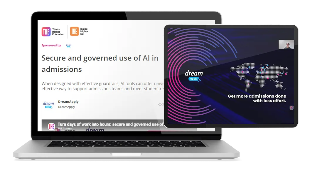 Laptop and tablet showing a sponsored webinar on secure and governed use of AI in admissions