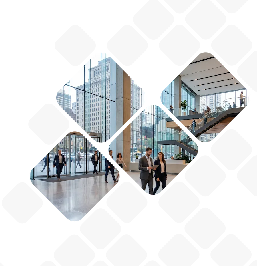 Academics and professionals walking through a modern university building, framed in diamond shapes