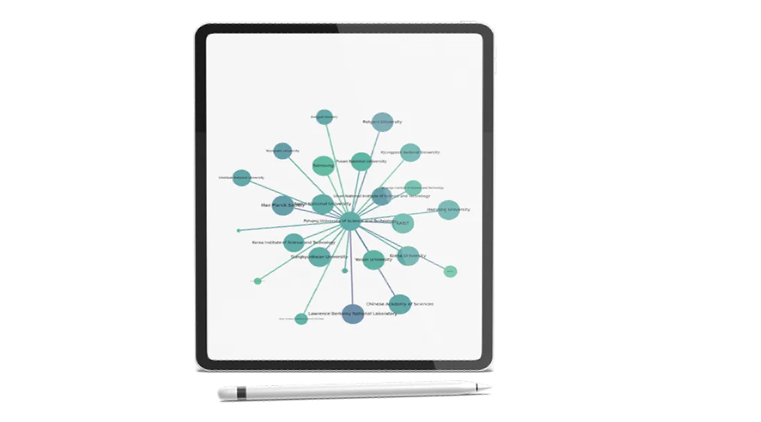 International research collaboration network map displayed on a tablet