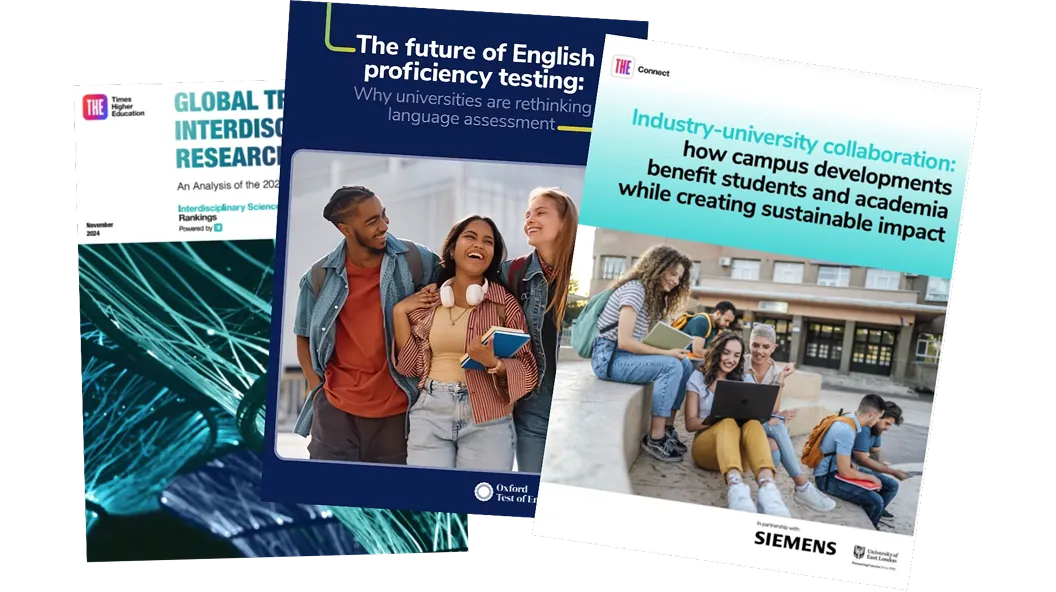 Covers of three co-produced Times Higher Education white papers, including one in partnership with Siemens