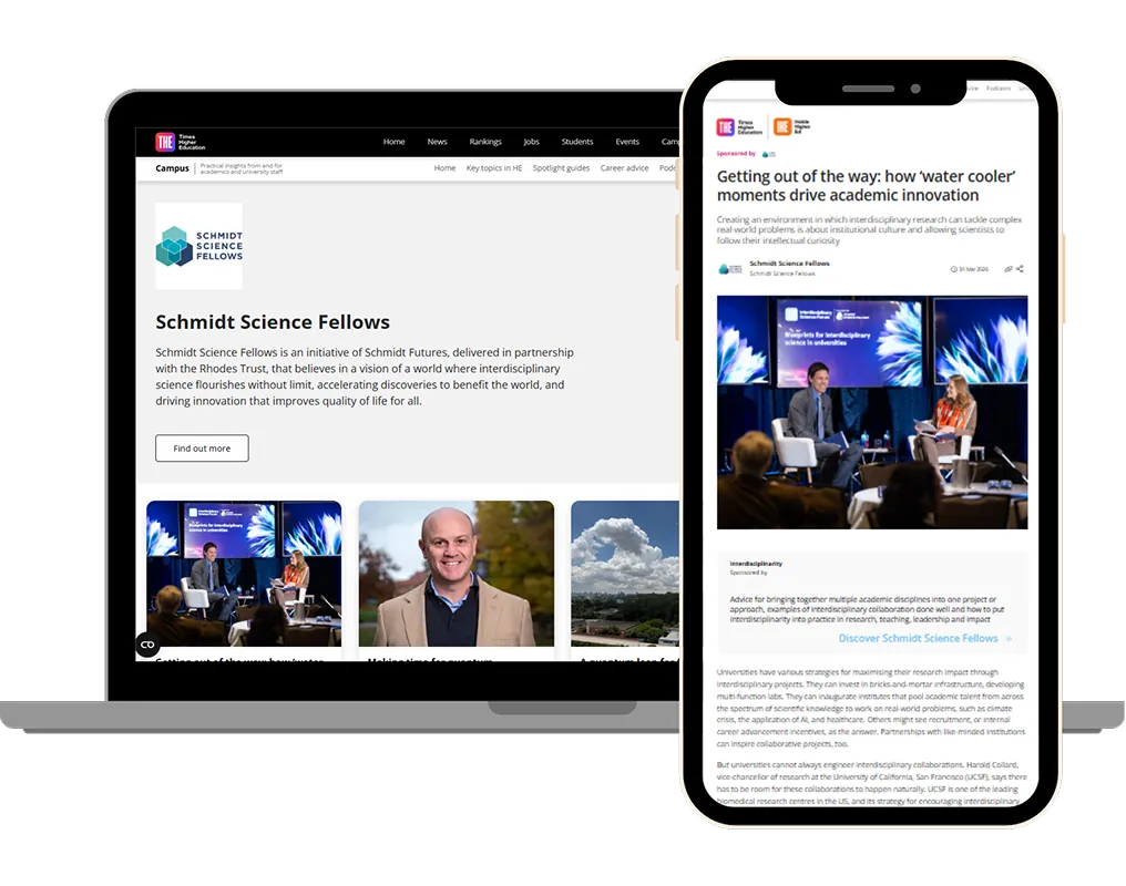 Schmidt Science Fellows sponsored content hub and article on Times Higher Education, shown on laptop and mobile