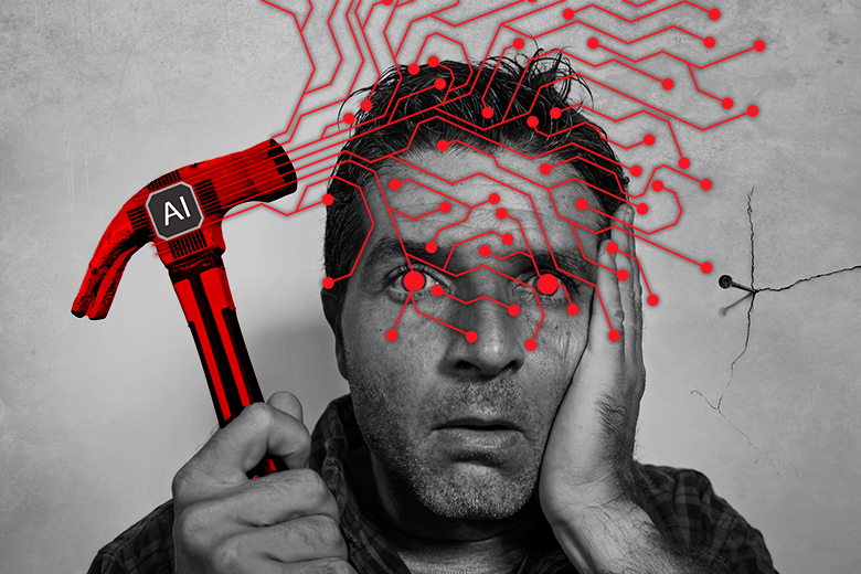 Man holding a hammer with AI chip, and circuit covering the man's face. To illustrate that framing AI as a helpful ‘tool’ disguises how much it guides every element of critical thinking that academics seek to cultivate.