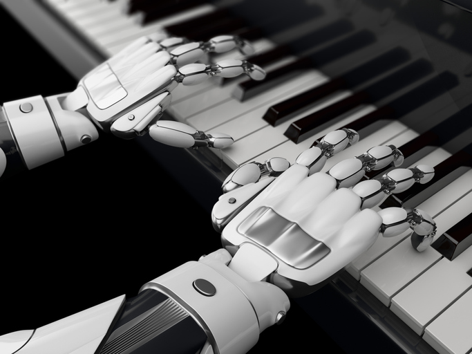 A robot plays the piano, symbolising artificial intelligence