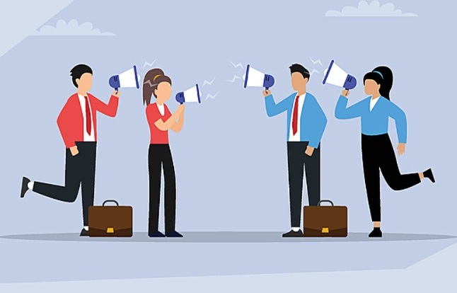 Figures in red and blue shout at each other through megaphones