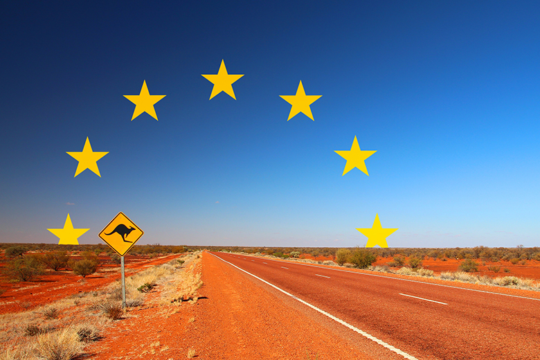 A road in the outback, Australia, with stars from the EU flag on the horizon. To illustrate Australia's desire to associate to Horizon Europe - the world’s largest research and innovation funding programme.