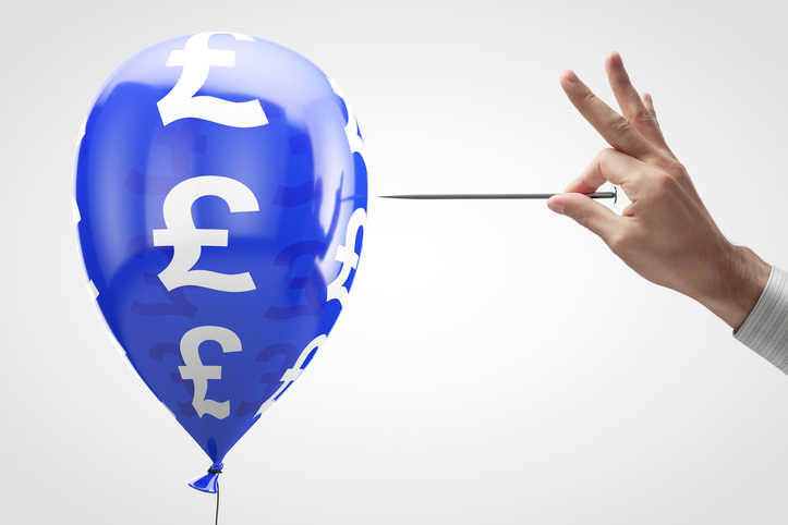 A hand holding a pin to a baloon with a pound sign on it, symbolising the need to move away from volume publishing