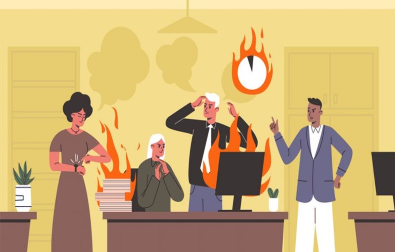 Suited figures argue while their office burns