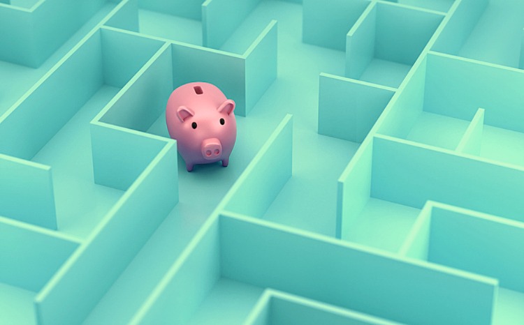 A piggy bank in a maze, illustrating financial confusion