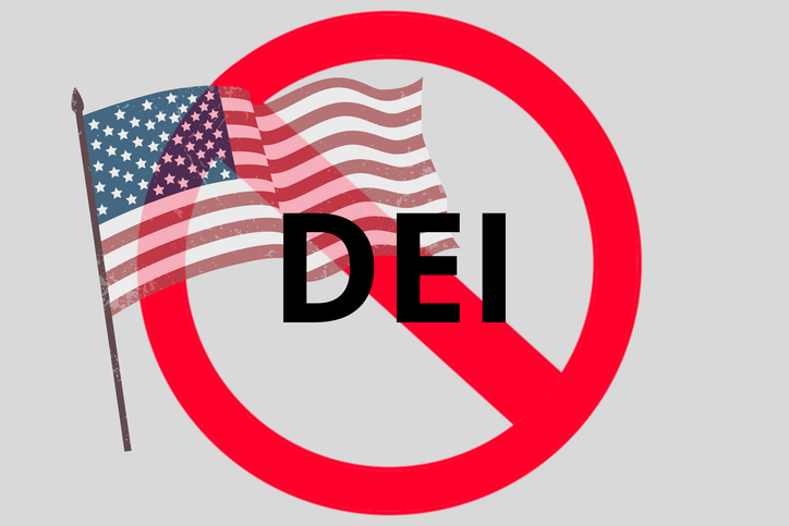 The letters DEI with a line through them, symbolising the editing of DEI language