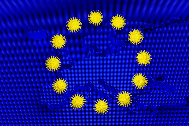 A European flag with the coronavirus replacing the stars