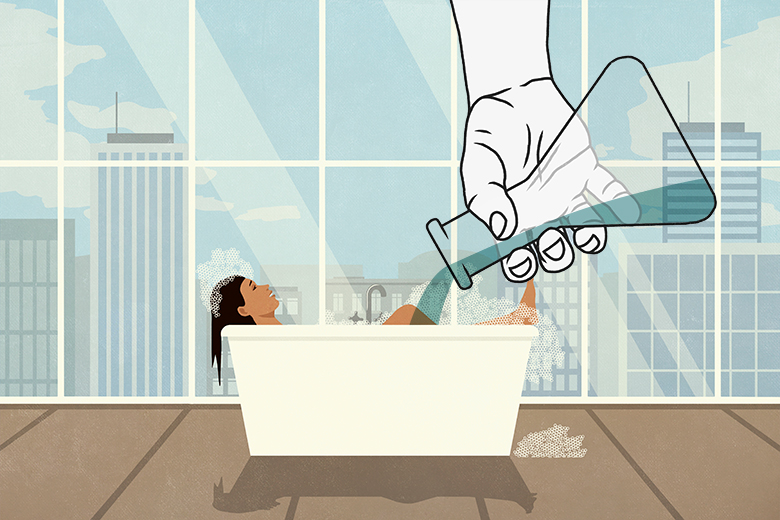 An illustration of a student having a bath in a lavish apartment, with the water being diluted with liquid poured from a flask. To illustrate that the OfS must spearhead a dilution of the UK’s lavish student experience.