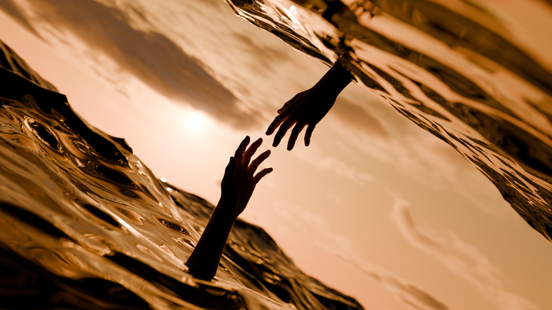 Two hands reach out of the water to each other, symbolising mutual support