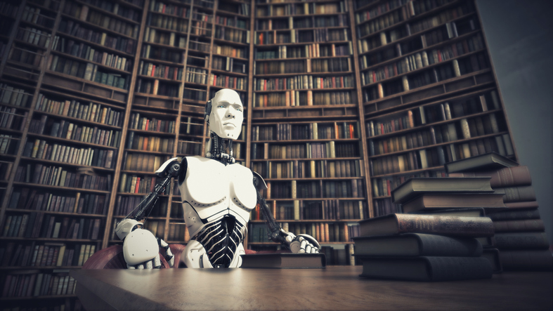 An intimidating robot sits in a library, illustrating loss of human intellectual confidence