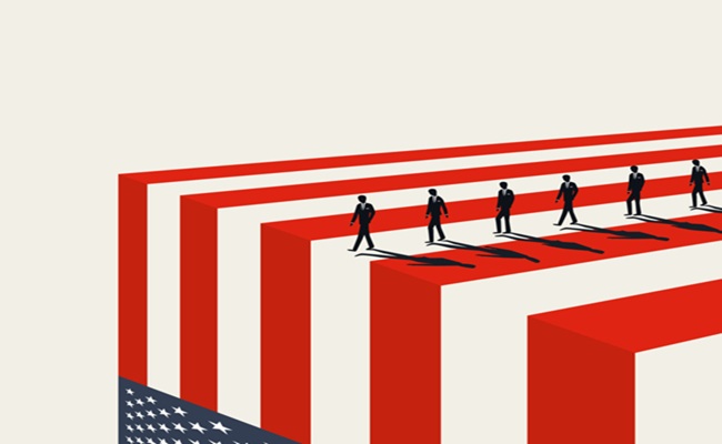 People walk to the edge of an American flag, symbolising scientists leaving the US