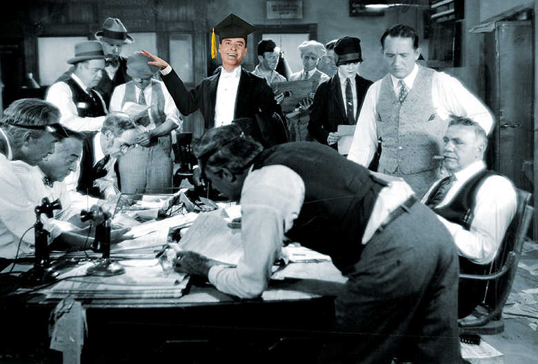 Vintage newsroom with academic in the centre symbolising conflict between editors and academics